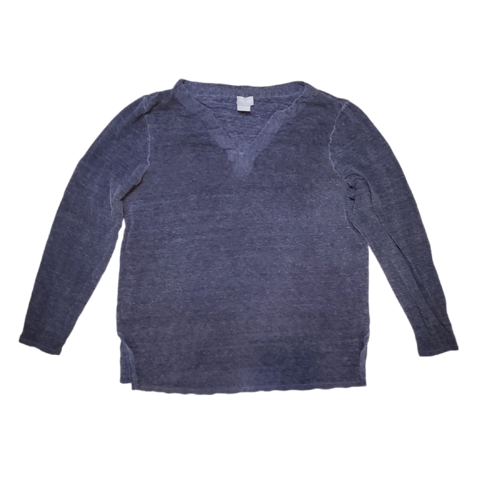Chico's Blue Stretch Linen Split Neck Pullover Long Sleeve Top‎ Size 1 - Medium